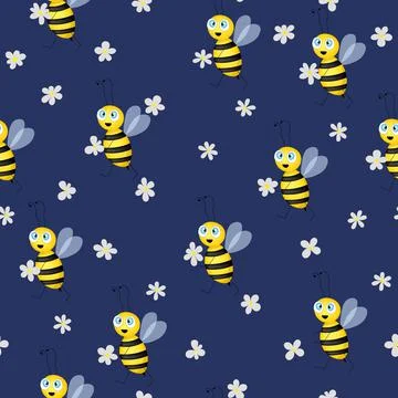 Seamless pattern with bees and flowers on blue background. Vector illustration Stock Illustration