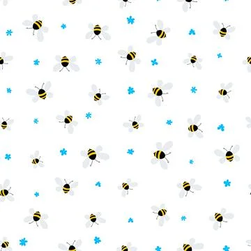 Seamless pattern with bees and flowers on white background. Adorable cartoon Stock Illustration