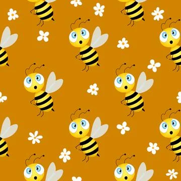 Seamless pattern with bees and flowers on brown background. Vector illustration Stock Illustration