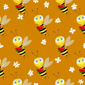 Seamless pattern with bees and flowers on brown background. Vector illustration Illustrazione stock