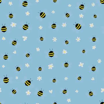 Seamless pattern with bees and flowers on beige background. Adorable cartoon Stock Illustration