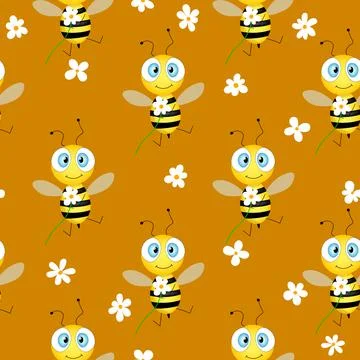 Seamless pattern with bees and flowers on brown background. Vector illustration Illustrazione stock