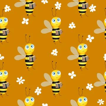 Seamless pattern with bees and flowers on brown background. Vector illustration Stock Illustration