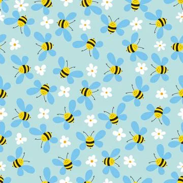 Seamless pattern with bees and flowers on blue background. Vector illustration Stock Illustration