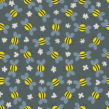 Seamless pattern with bees and flowers on grey background. Adorable cartoon wasp Stock Illustration