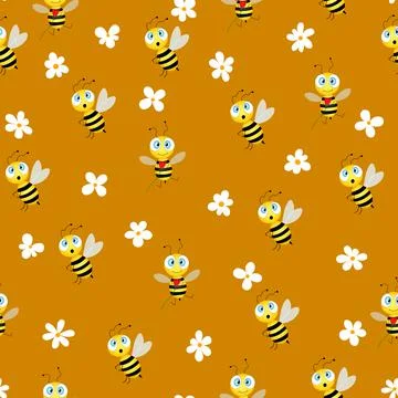 Seamless pattern with bees and flowers on brown background. Vector illustration イラスト素材