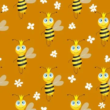 Seamless pattern with bees and flowers on brown background. Vector illustration Stockillustratie
