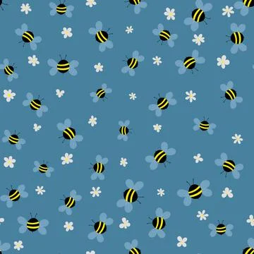 Seamless pattern with bees and flowers on beige background. Adorable cartoon Stock Illustration