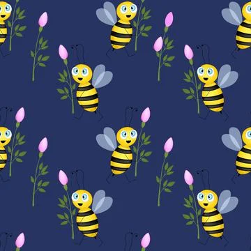 Seamless pattern with bees and flowers on blue background. Vector illustration Illustrazione stock