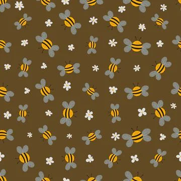 Seamless pattern with bees and flowers on beige background. Adorable cartoon Stock Illustration
