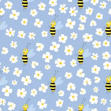Seamless pattern with bees and flowers on color background. Small wasp. Vector Stock Illustration