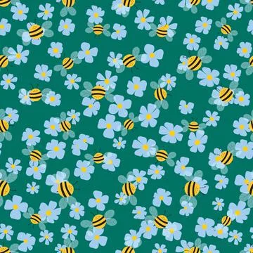 Seamless pattern with bees and flowers on color background. Adorable cartoon Stock Illustration