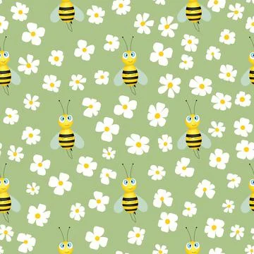 Seamless pattern with bees and flowers on color background. Small wasp. Vector Illustrazione stock