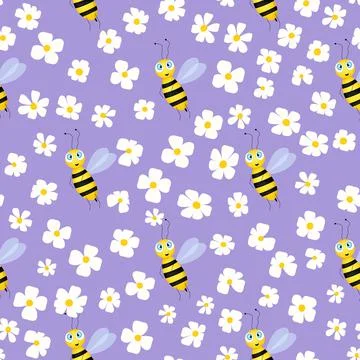 Seamless pattern with bees and flowers on color background. Small wasp. Vector Stock Illustration