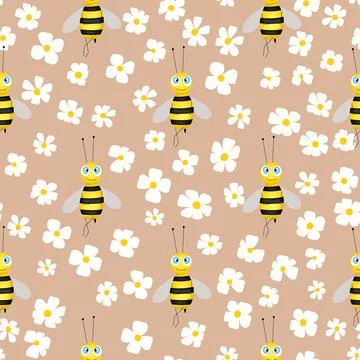 Seamless pattern with bees and flowers on color background. Small wasp. Vector Stock Illustration