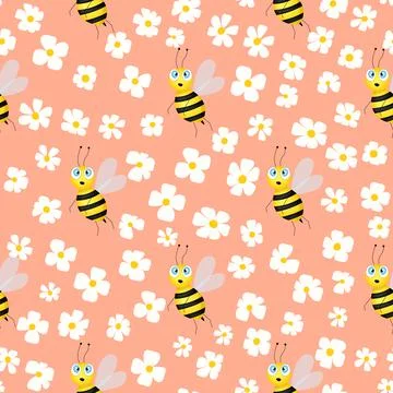 Seamless pattern with bees and flowers on color background. Small wasp. Vector Illustrazione stock