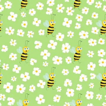 Seamless pattern with bees and flowers on color background. Small wasp. Vector Stockillustratie