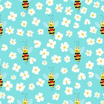 Seamless pattern with bees and flowers on color background. Small wasp. Vector Illustrazione stock