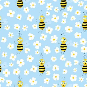 Seamless pattern with bees and flowers on color background. Small wasp. Vector Stock Illustration
