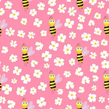 Seamless pattern with bees and flowers on color background. Small wasp. Vector Stock Illustration