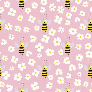 Seamless pattern with bees and flowers on color background. Small wasp. Vector Illustrazione stock