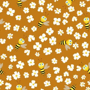 Seamless pattern with bees and flowers on color background. Small wasp. Vector Stock Illustration