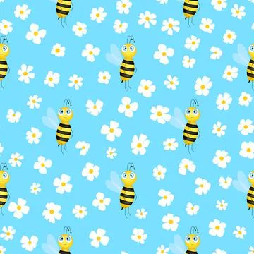 Seamless pattern with bees and flowers on color background. Small wasp. Vector Illustrazione stock