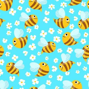 Seamless pattern with bees and flowers on color background. Small wasp. Vector Stock Illustration