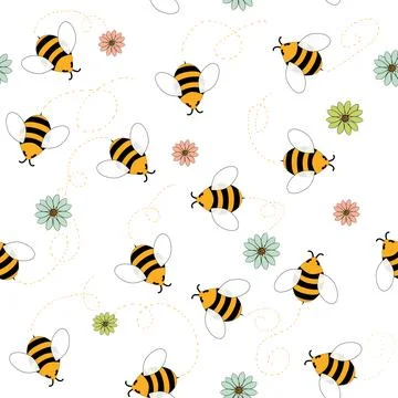 Seamless pattern of bees and flowers Stock Illustration