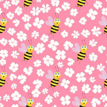 Seamless pattern with bees and flowers on color background. Small wasp. Vector イラスト素材