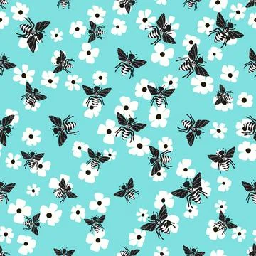 Seamless pattern with bees and flowers on color background. Small wasp. Vector Stock Illustration
