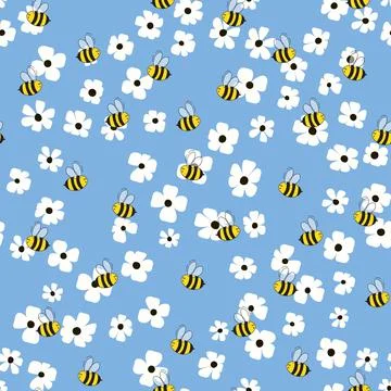 Seamless pattern with bees and flowers on color background. Small wasp. Vector Illustrazione stock