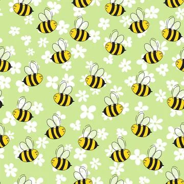 Seamless pattern with bees and flowers on color background. Small wasp. Vector Stock Illustration