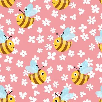 Seamless pattern with bees and flowers on color background. Small wasp. Vector Illustrazione stock
