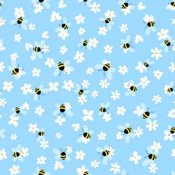 Seamless pattern with bees and flowers on color background. Small wasp. Vector Stock Illustration