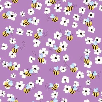 Seamless pattern with bees and flowers on color background. Small wasp. Vector Stock Illustration