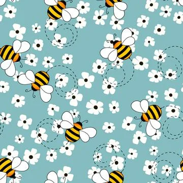 Seamless pattern with bees and flowers on color background. Small wasp. Vector Stock Illustration