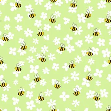 Seamless pattern with bees and flowers on color background. Small wasp. Vector Stock Illustration