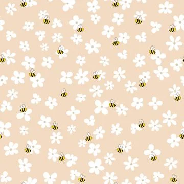 Seamless pattern with bees and flowers on color background. Small wasp. Vector Stock Illustration