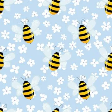 Seamless pattern with bees and flowers on color background. Small wasp. Vector Stock Illustration