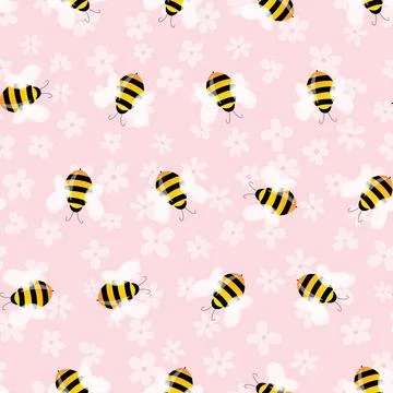 Seamless pattern with bees and flowers on color background. Small wasp. Vector Stock Illustration
