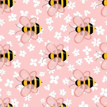 Seamless pattern with bees and flowers on color background. Small wasp. Vector Illustrazione stock