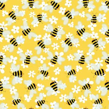 Seamless pattern with bees and flowers on color background. Small wasp. Vector 库存插图