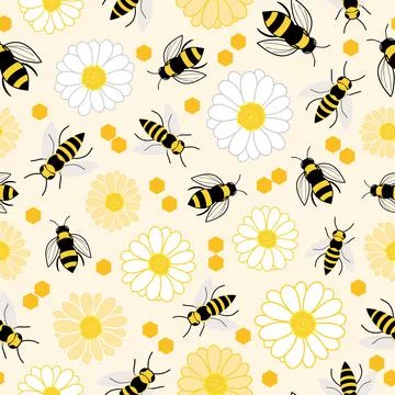 Seamless pattern bees and flowers Stock Illustration