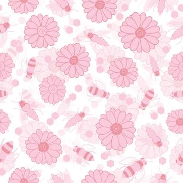 Seamless pattern with bees and flowers in pink on white background Stock Illustration