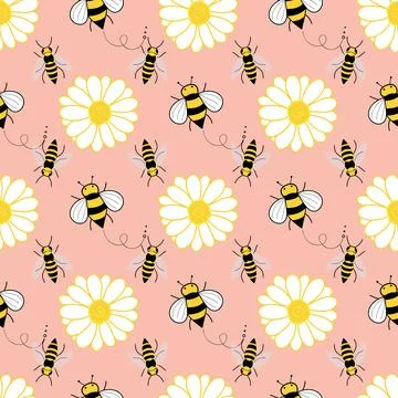 Seamless pattern bees and flowers on pink background Stock Illustration