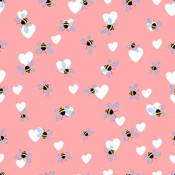 Seamless pattern with bees and hearts on color background. Small wasp. Vector Illustrazione stock