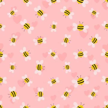 Seamless pattern with bees and hearts on color background. Small wasp. Vector Stock Illustration