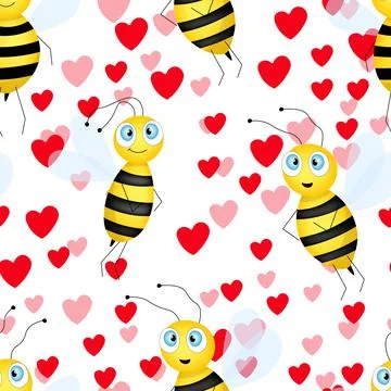 Seamless pattern with bees and hearts on white background. Small wasp. Vector 库存插图
