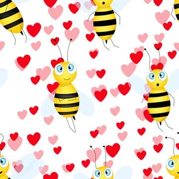 Seamless pattern with bees and hearts on white background. Small wasp. Vector イラスト素材